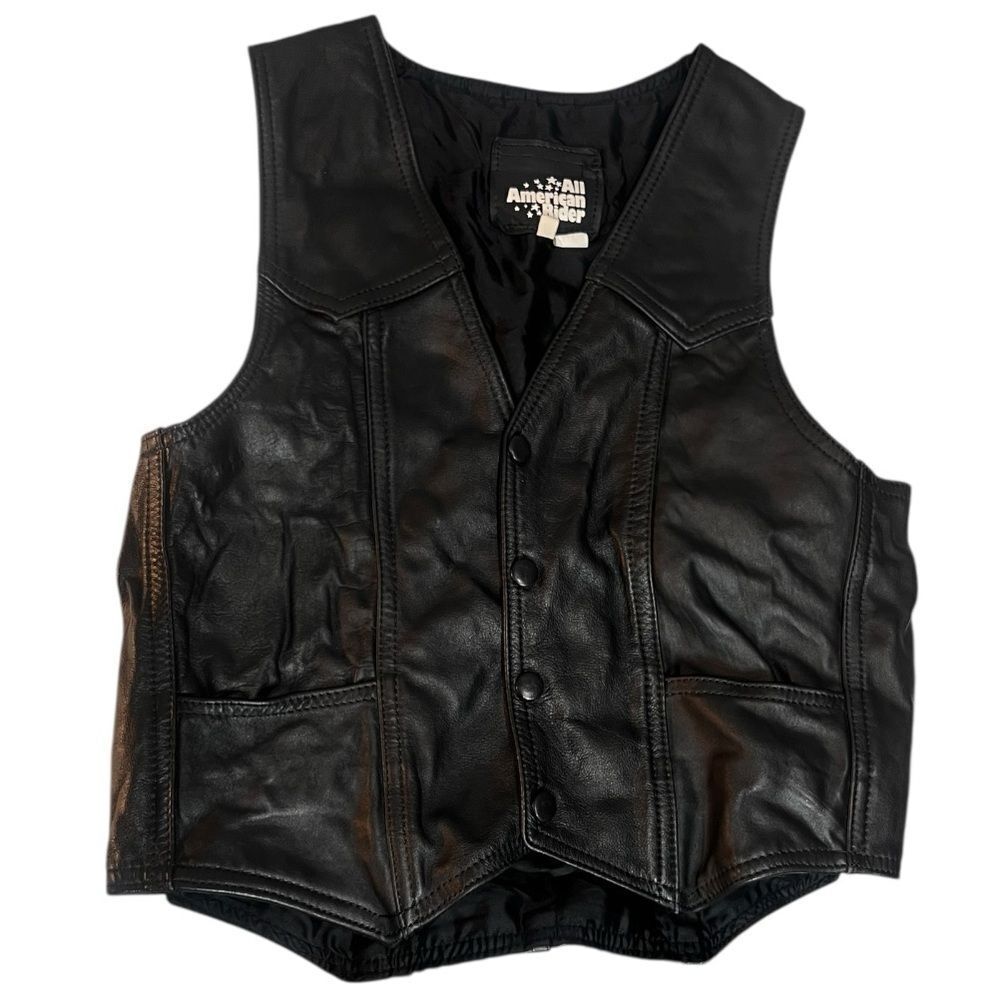 All American Rider Black Faux Leather Biker Button Motorcycle Pockets Vest Sz M